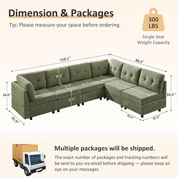 VANOMi 6 Seater Cloud Couches for Living Room, 118" Convertible Modular Cloud Sofas & Couches, Comfy Chenille Sectional Couch Sofa for Apartment, Office, Olive Green, L/U Shaped