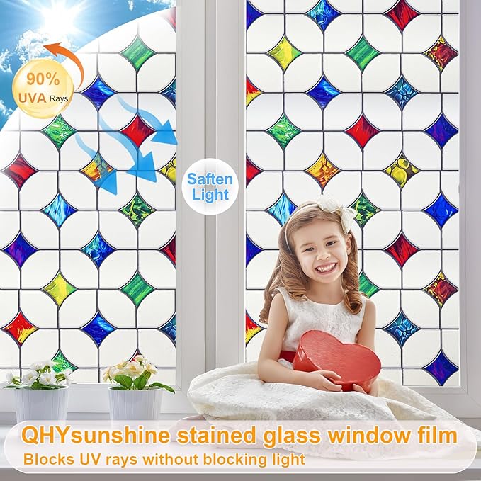 Stained Glass Window Film - Non-Adhesive Colorful Privacy Film | Privacy Protection, Reusable & Renter Friendly | Perfect for Bedroom/Bathroom Room Decor (Frosted Mosaic, 23.6 x 78.7 in)