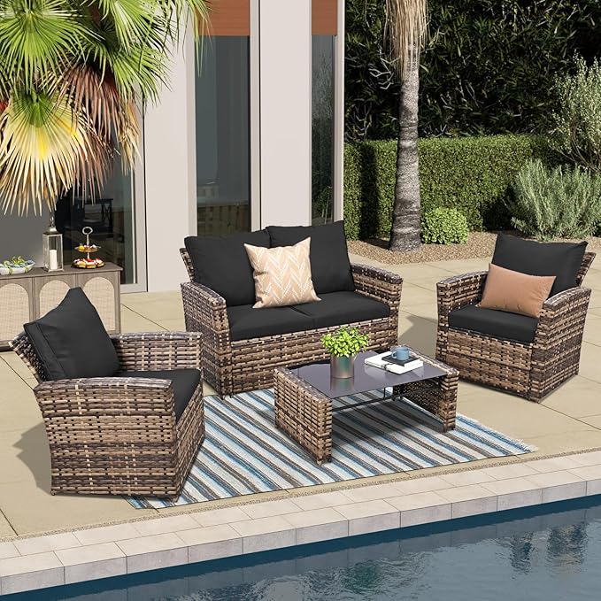 FHFO 4 Piece Outdoor Patio Furniture Set,Wicker Conversation Sets Outdoor Sectional Patio Sofa Couch with Cushions & Coffee Table for Outside, Garden, Balcony, Porch,Yellow/Black