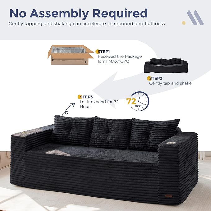 MAXYOYO 79" Oversized Boneless Loveseat Sofa Couch for Small Spaces, Mini Love Seat Floor Couch with Cup Holders and Pillows, 3-Seater Upholstered Cloud Couch for Bedroom, No Assembly Required