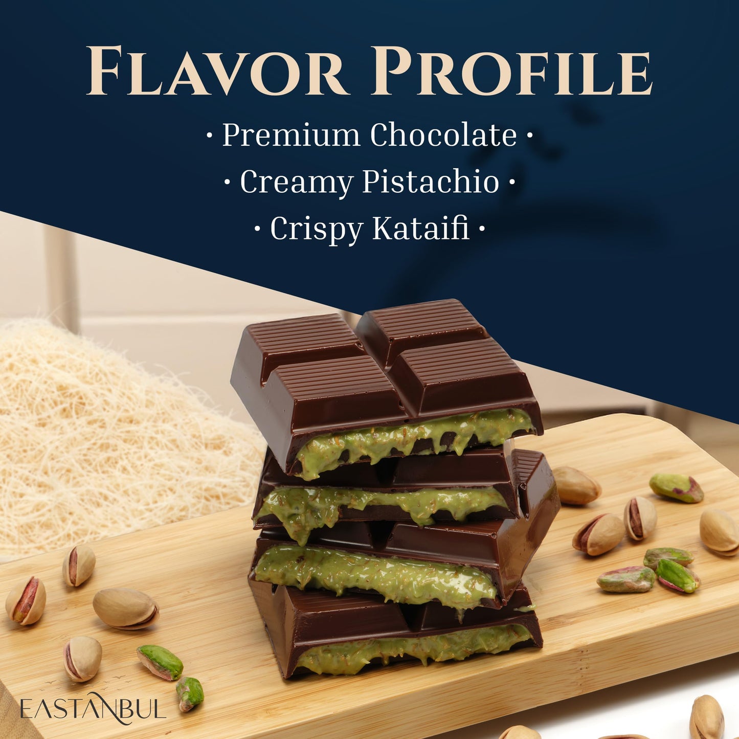 Eastanbul Dubai Dark Chocolate Bar Pistachio, 7oz, Premium Belgium Chocolate, Pistachio Dubai Bar, Viral Candy with Shredded Phyllo Dough, Knafeh, Gift Box