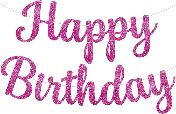 KatchOn, Glitter Hot Pink Cursive Happy Birthday Banner - Pre-Strung, 10 Feet | Birthday Decorations for Women, Girls | Hb...