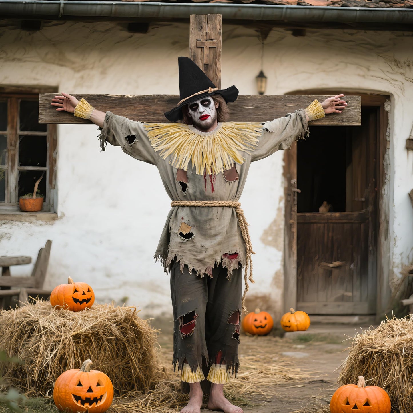 Horolam 7PCS Scarecrow Costume Accessories, Wizard Scarecrow Costume with Hat for Adult Women Men for Holloween Cosplay Dress Up