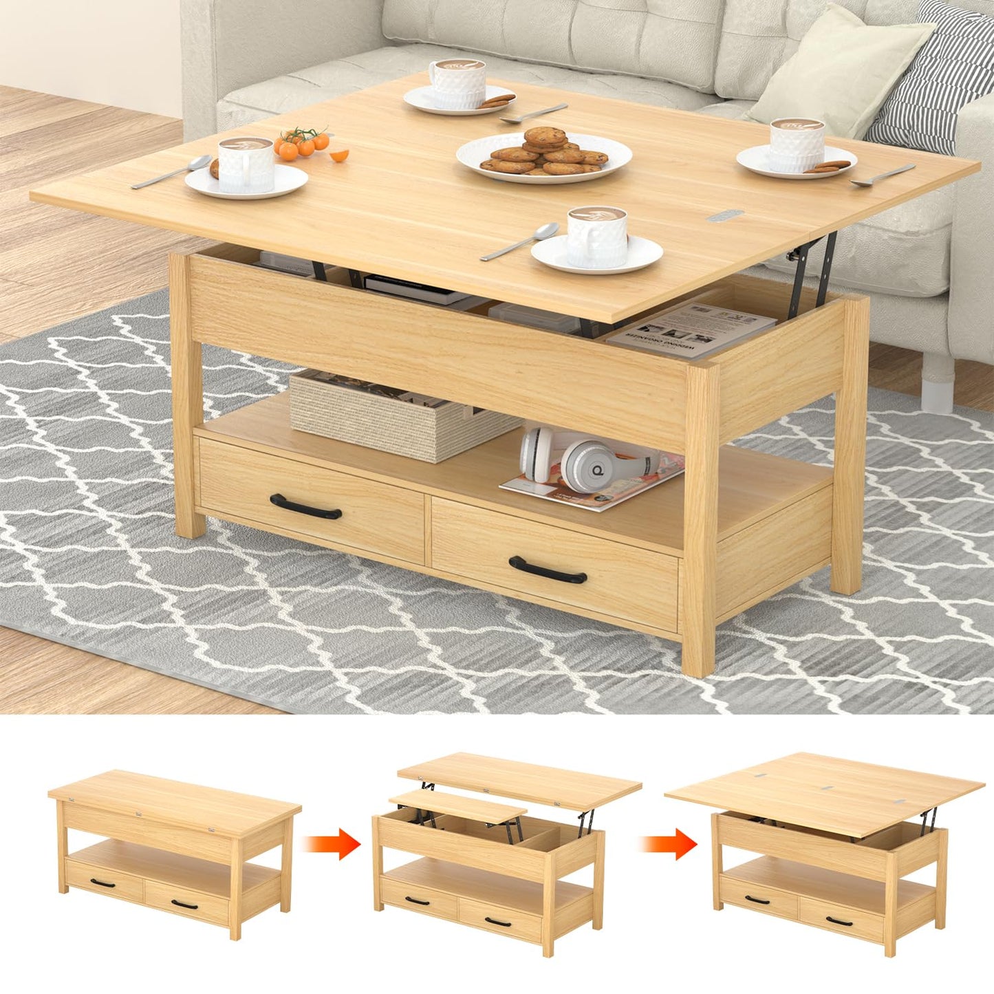 SYESWAY 40'' Lift Top Coffee Table, 4-in-1 Multifunctional Lift Coffee Table with Storage & Hidden Compartments, Farmhouse Coffe Table with Lifting top for Living Room, Dining Reception Room, Wood