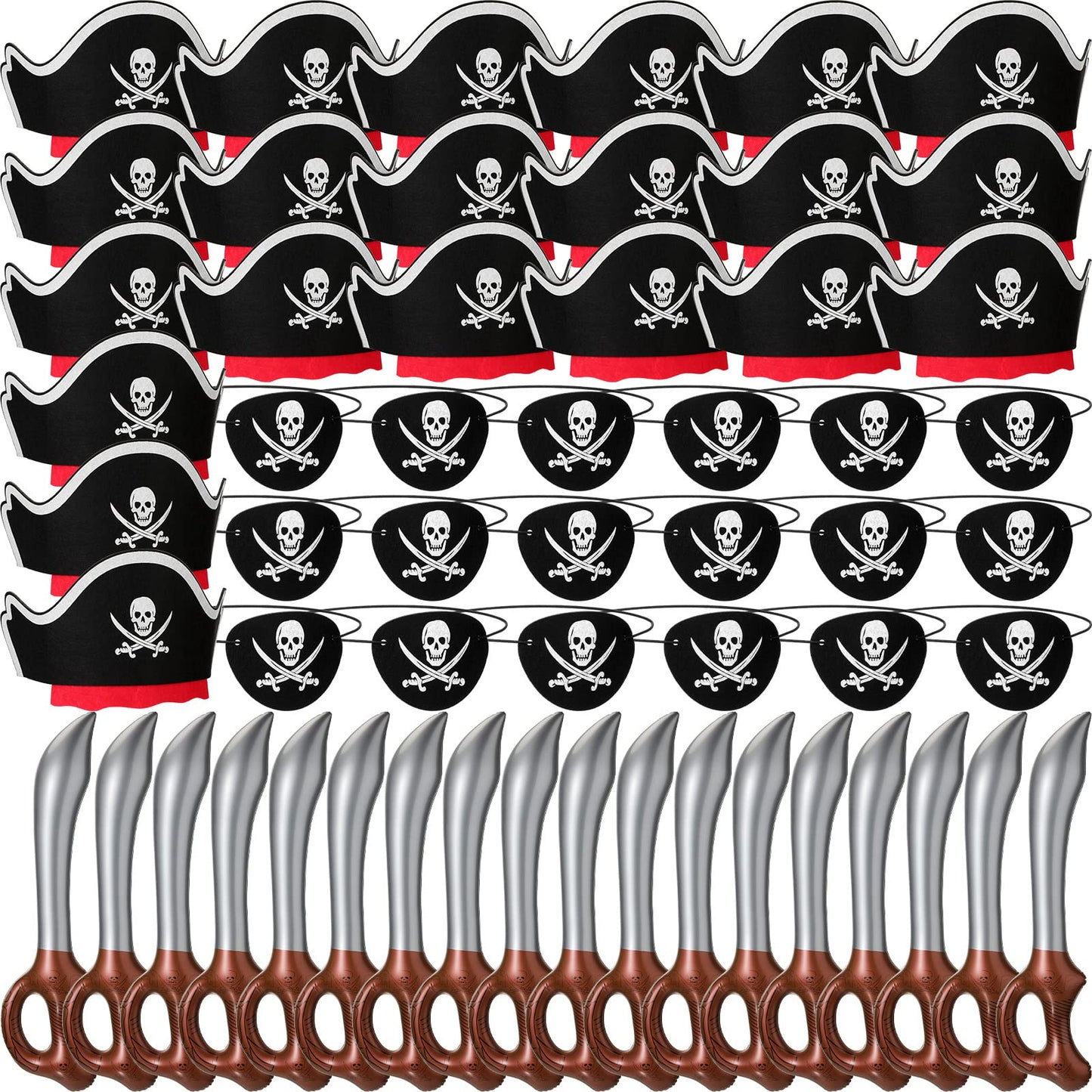 Cindeer 54 Pieces Pirate Party Set Pirate Hat Set Costume Party Supplies Includes 18 Hats 18 Eye Patches 18 Inflatable Swords for Cosplay Halloween Fancy Dress Stage Props