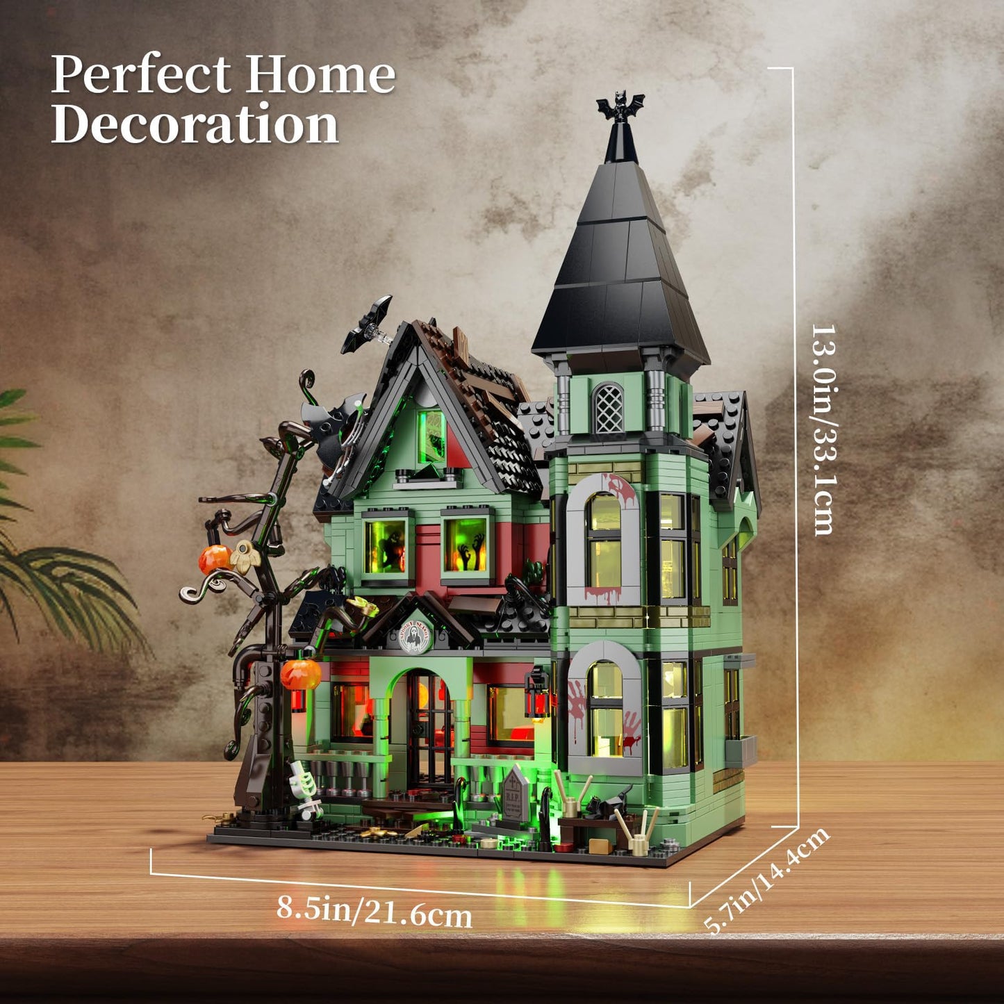 iATOM Haunted House Building Set with Lights, Halloween Mansion Building Toy Compatible with Lego for Adults, Horror Village Town Architecture Include Pumpkin Skeleton Spooky Bat Cat, F-C9987