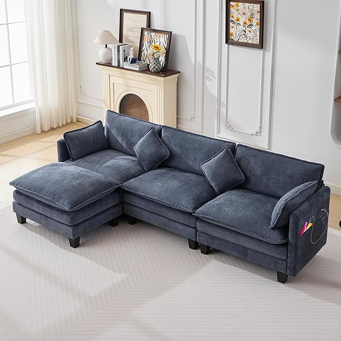 Opiesit 108" Modular Sectional Couches for Living Room with Ottoman, L Shaped Cloud Couch with Charger, USB & Type-c Port, Comfy 4 Seats Sofas with Deep Seat, Chenille Fabric, Blue