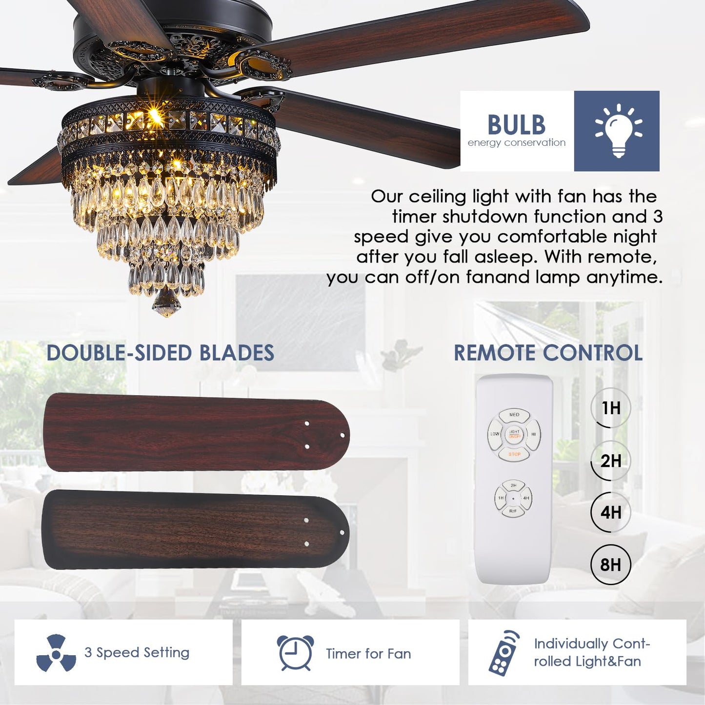 Asyko Crystal Ceiling Fan Fandelier with Lights - Modern Black Chandelier Fans with Remote Control，Noiseless AC Motor, Retro/Farmhouse Lighting, Dining Room， Living Room (52"