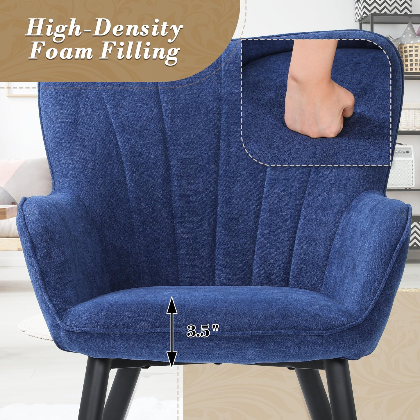 Athena Collection Wingback Accent Chair for Living Room, Upholstered Arm Reading Chair for Adults, Cozy Linen Fabric Armchair with Metal Legs for Bedroom, Makeup, Office, Blue