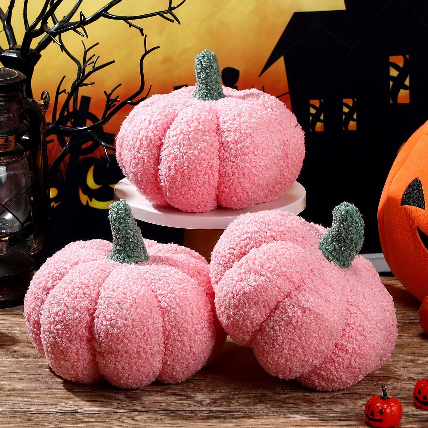 Namalu 3 Pcs Pumpkin Pillows 3D Throw Cushion Plush Soft Sofa Pillows Stuffed Pumpkin Decoration for Fall Thanksgiving Winter Home Living Room(7.87 Inch,Pink)