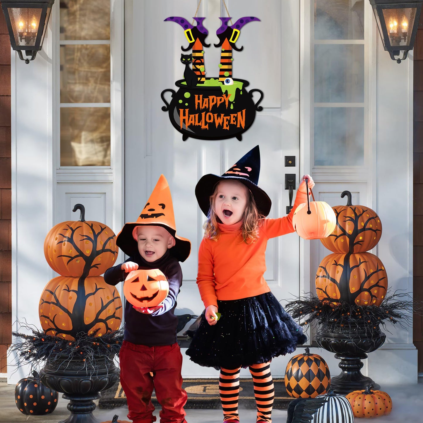 Halloween Witch Door Sign Happy Halloween Wooden Sign Plaque Witch Leg Front Door Hanging Decor Wood Welcome Signs for Home Farmhouse Hanger Porch Wall Decor Witches Party Supplies