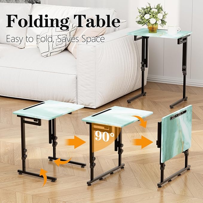 Adjustable Height Tv Tray Table,Portable Folding Tv Tray Dinner Snack Trays Table,Small Foldable C-Shaped End Table for Eating,Slide Under Couch Side with Sturdy MDF Top,No Assembly(Sea Blue+Black)