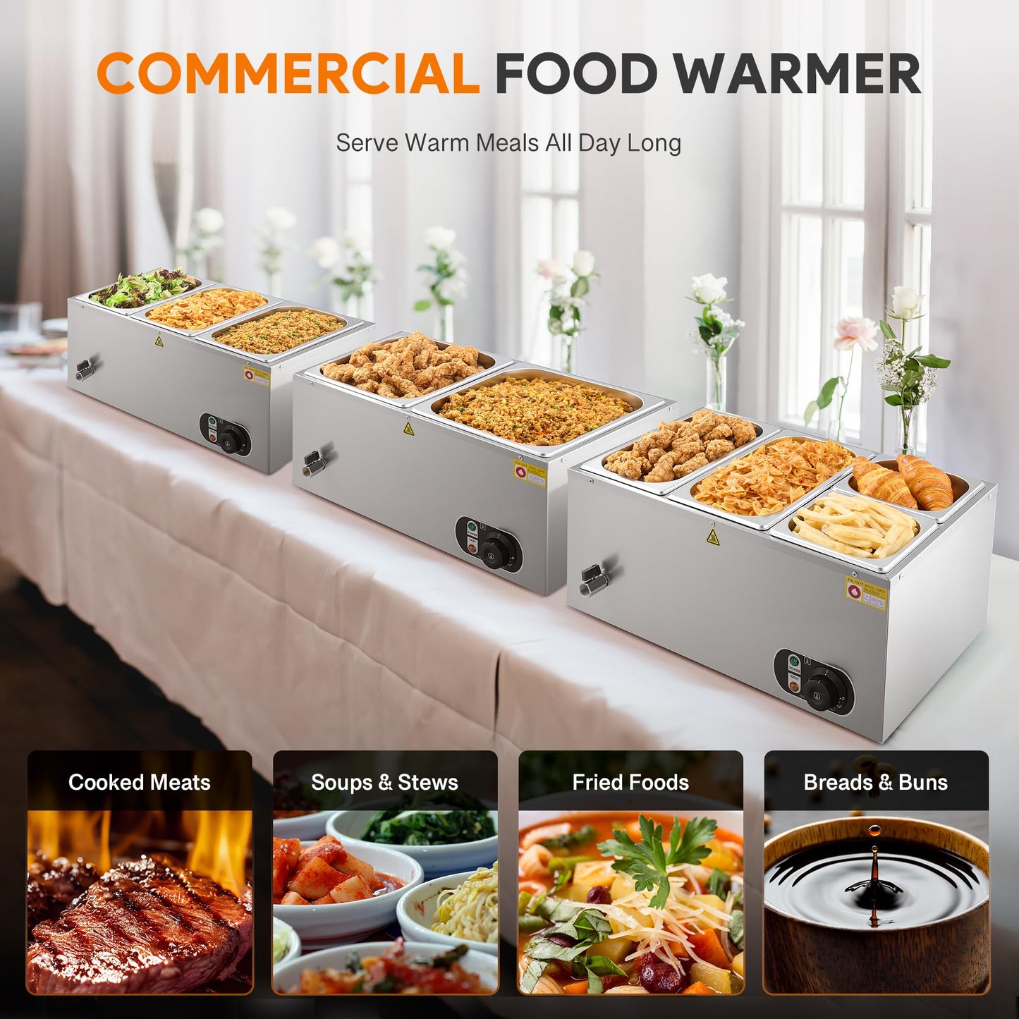 WILPREP Commercial Food Warmer with Two 1/3 & Two 1/6 Pans, 1500W Countertop Electric Warmer, 86-185°F Adjustable Temp Control, Stainless Steel Buffet Bain Marie
