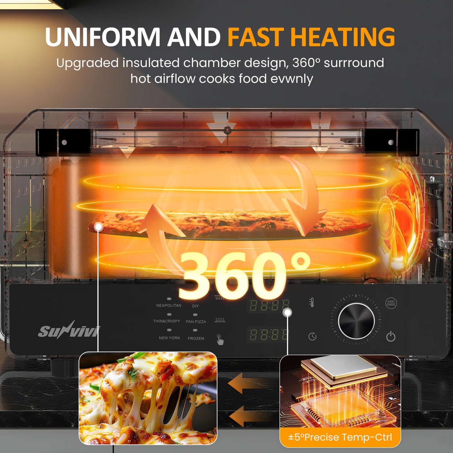 SUNVIVIPRO Pizza Oven Indoor Outdoor: Heats up to 750℉, Up to 12" Electric Countertop Pizza Maker with 6 Presets, Control Knob, Portable Pizza Cooker Warmer for Home, Camping, Pizza Stone, Pizza Peel