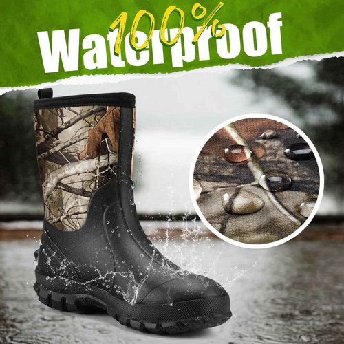 TIDEWE Rubber Boots for Men, 5.5mm Neoprene Insulated Rain Boots with Steel Shank, Waterproof Mid Calf Hunting Boots, Sturdy Rubber Work Boots for Farming Gardening Fishing (Next Camo G2 Size 10)