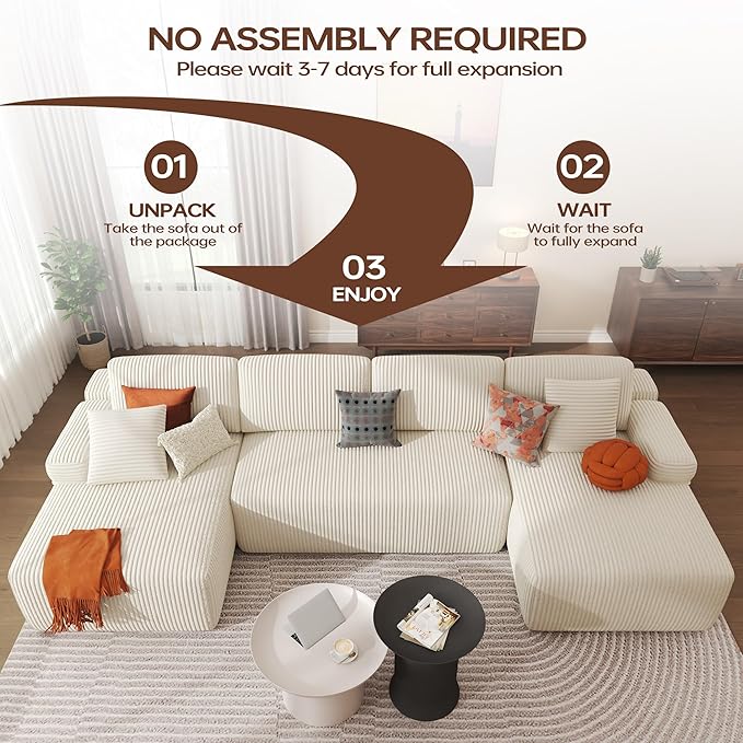 DURASPACE 126.2'' U Shaped Modular Sectional Sofa Couch Convertible 4-Seater Boneless Couches for Living Room (Beige)