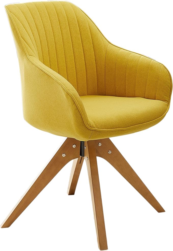 Art Leon Dining Chair, Mid Century Modern Fabric Upholstered Swivel Dining Room Chair with Wood Legs, Leisure Side Chair with Arms for Living Room, Yellow