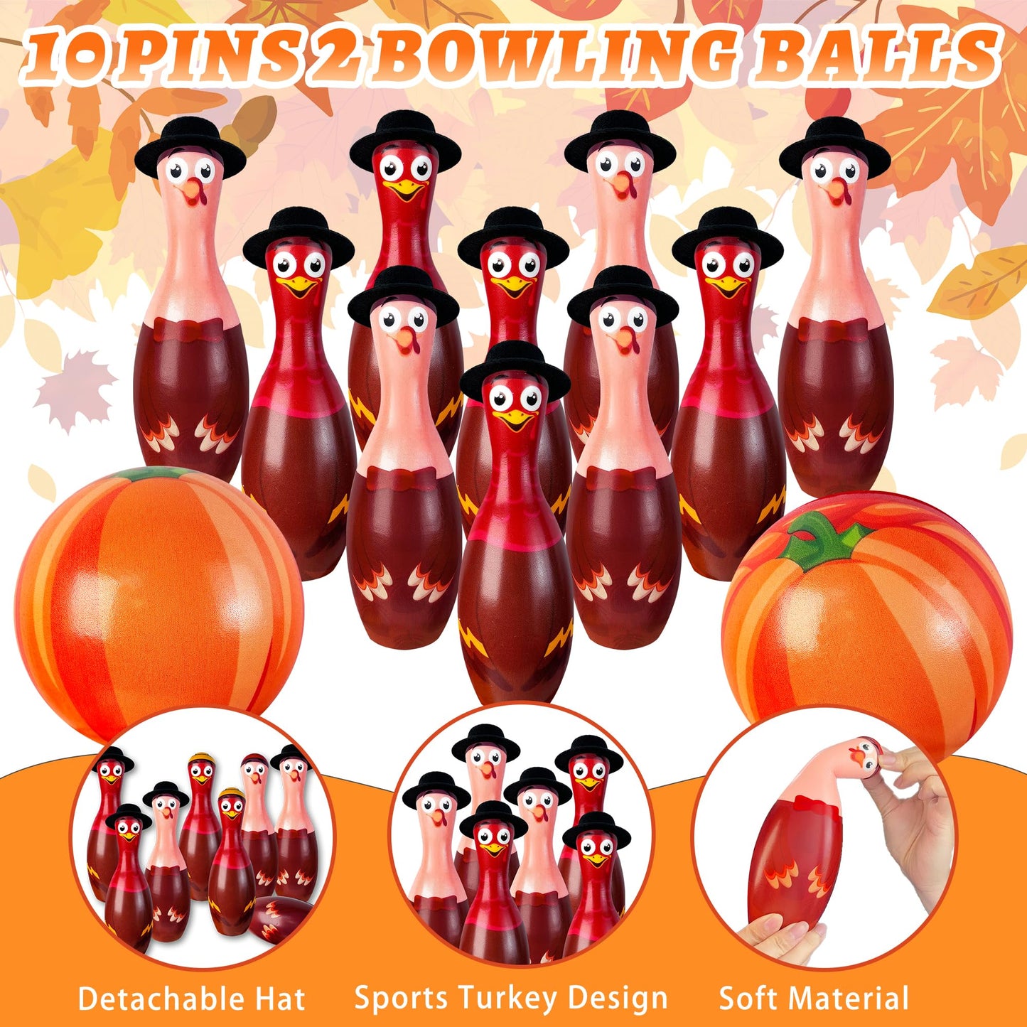 Fall Festival Thanksgiving Bowling Games for Kids Adults, Fall Thanksgiving Party Favors Games Outdoor Indoor Turkey Hat Game for Kids Carnival Toys Family Friendsgiving Gifts Thanks giving Decoration