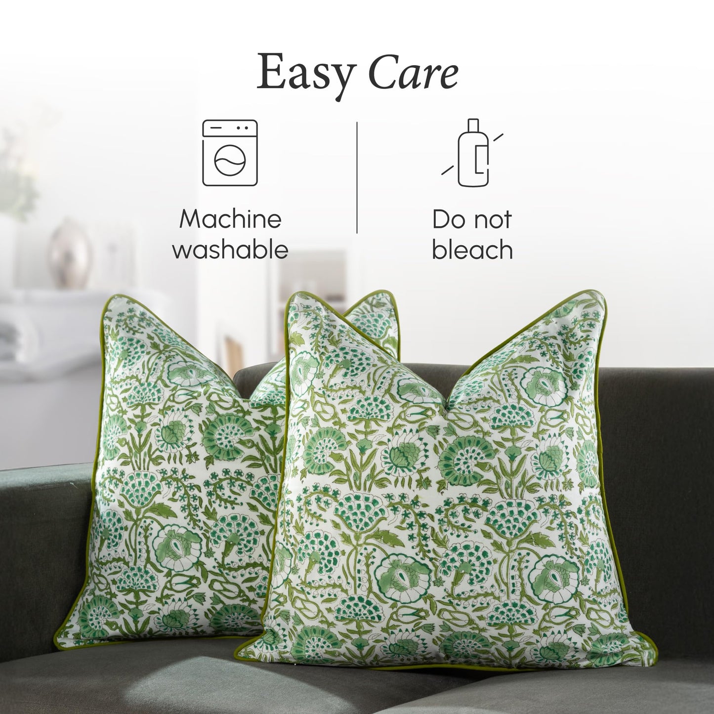 CPC 100% Cotton Throw Pillow Covers 20x20 Inch, Set of 2 Green Block Print Pattern Couch Pillow, Cute Boho Decorative Pillows for Living Room, Bedroom with Hidden Zipper- Agate Green