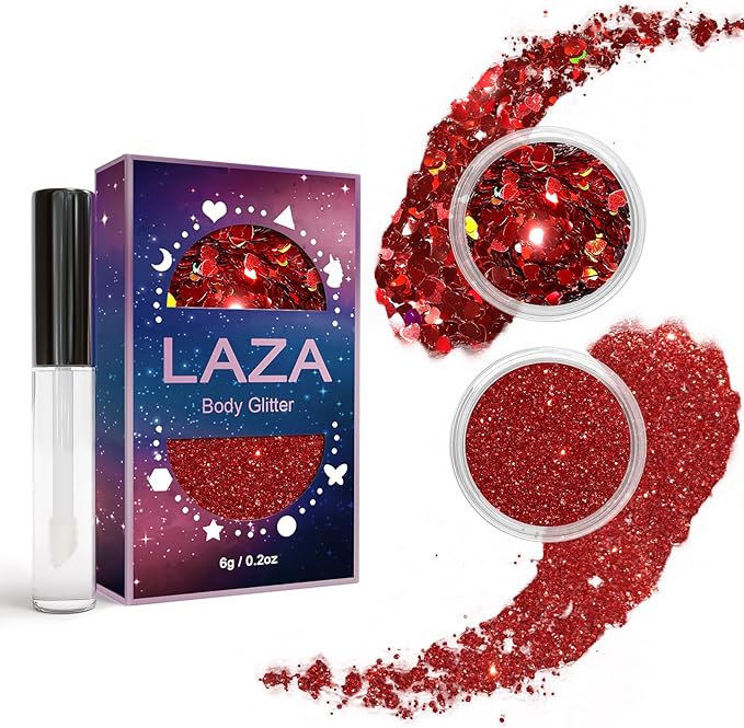 Laza 2 Jars Body Glitter for Valentine’s Day Hair Accessories Heart Glitter Chunky Sequins with Glitter Glue for Women Eye...