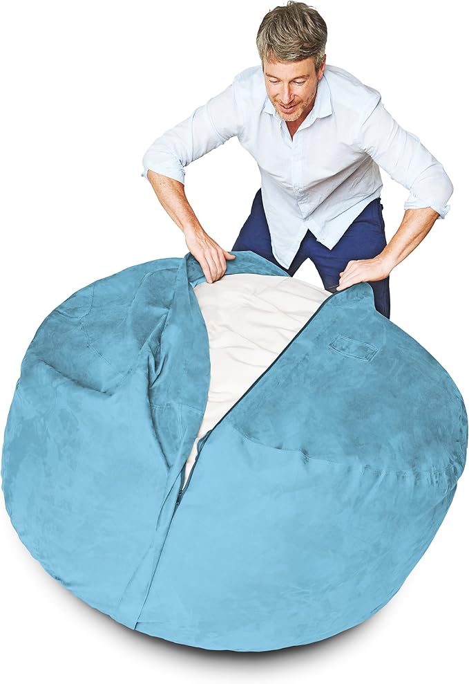 Lumaland Luxurious 5ft Large Bean Bag Chair with Microsuede Cover - Ultra Soft, Foam Filling, Washable Bean Bag Sofa for Kids, Teenagers, Adults - Sack Chair for Dorm, Family Room - Light Blue