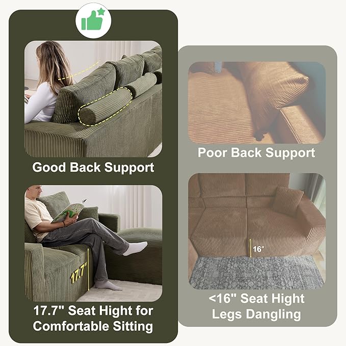 108" Modular Sectional Sofa, Compression Sofa with Deep Seat, Modular L-Shape Couch with Chaise, Upholstered Couches for Living Room Bedroom, No Assembly Required (Green Corduroy, 108" L Shape)
