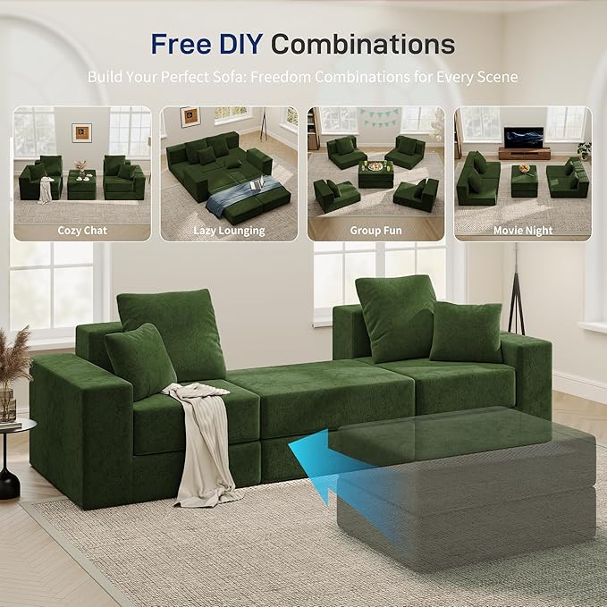 Cloud Modular Sectional Sofa, Comfy Boneless Couch for Living Room, Modern L-Shaped Couch with Reversible Chaise, Customizable Sleeper Sofa with Non Slip, No Assembly & Deep Seat, Green