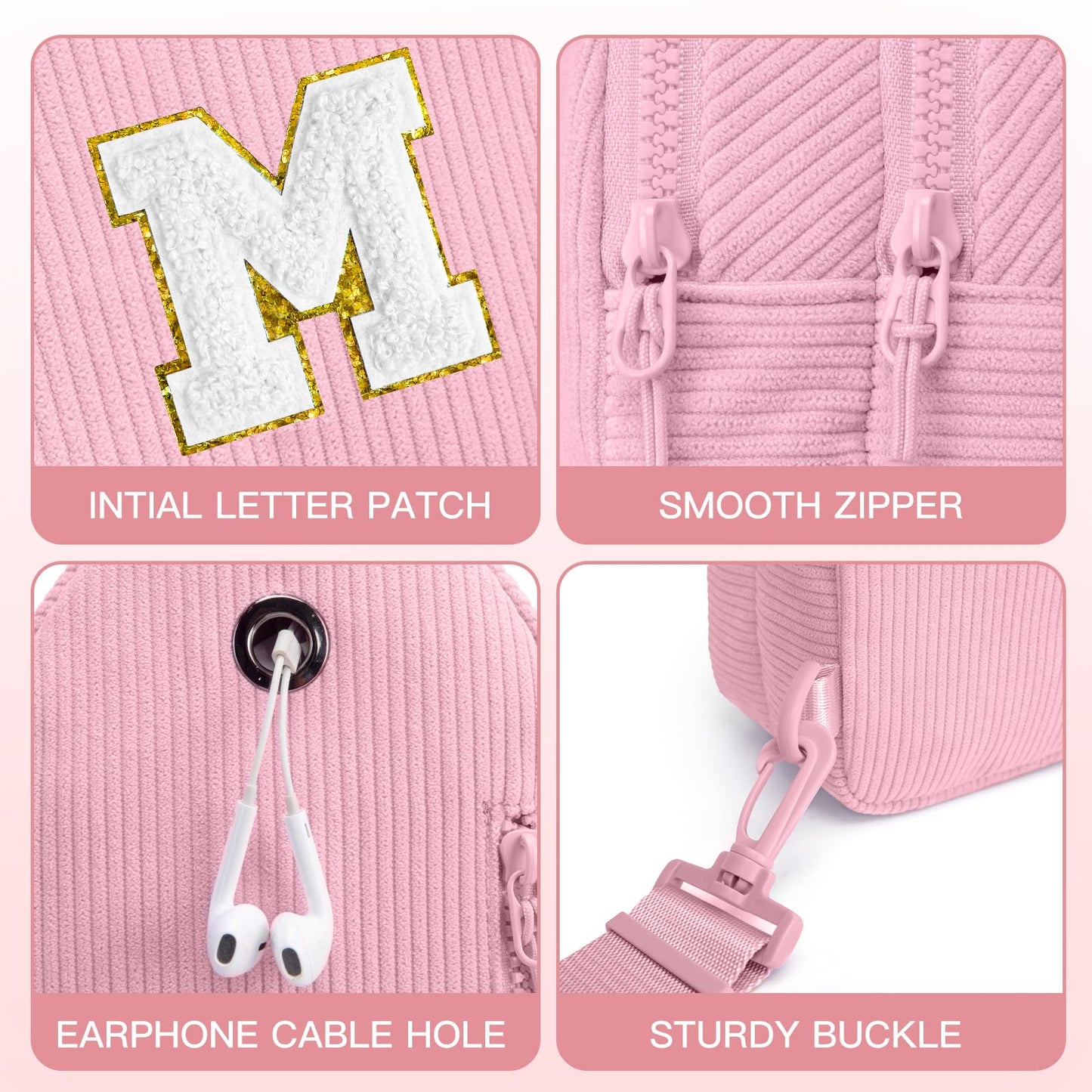 Viverte Small Corduroy Sling Bag Initial Crossbody Bag Fanny Pack for Girls Personalized Birthday Gifts for Teen Girls Gifts Trendy Stuff Teen Purse Cute Stuff for Girls (Pink-M)