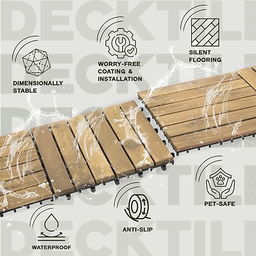 VICTORY RELAX Acacia Wood Decking Tiles 27PCS - Easy Snap Interlocking Deck Tiles for Patio Poolside Balcony Decor - All Weather Waterproof Flooring for Indoor & Outdoor (Round Joints)