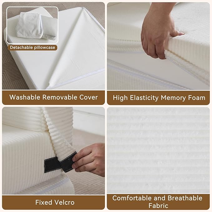 WUTUTUEE Folding Sofa Bed Convertible Floor Couch Foldable Chair Bed with Pillow，Linen Sleeper Chair Futon,Foldable Memory Foam Mattress for Bedroom/Living Room/Dorm/Office (Corduroy White, Single)