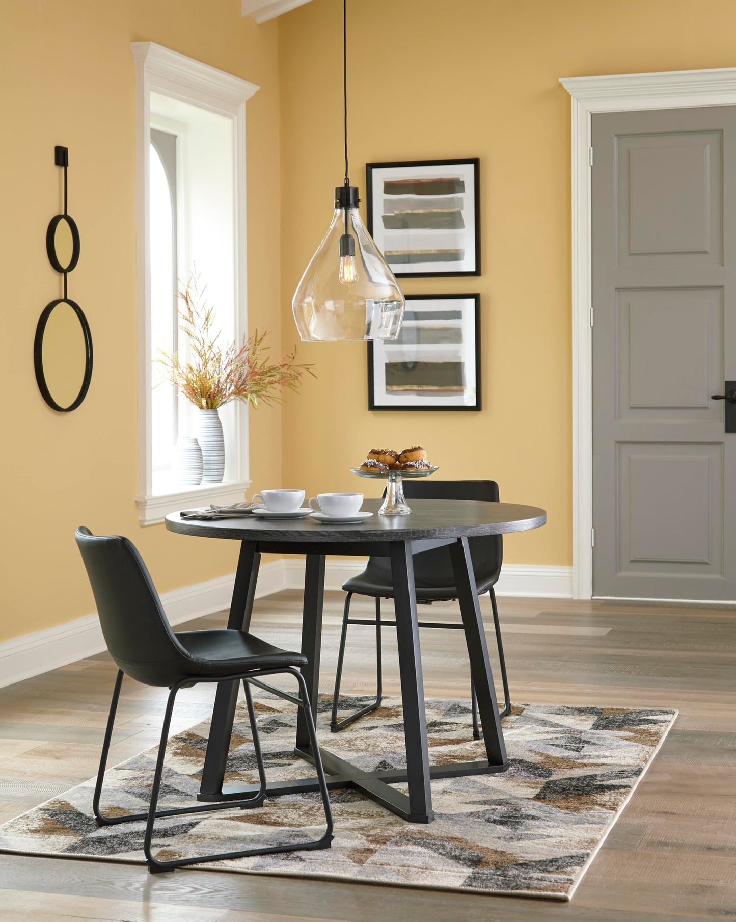 Signature Design by Ashley Centiar Mid Century Round Dining Room Table with Metal Legs, Gray & Black
