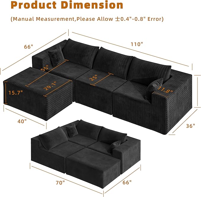 CABZOON 110" Cloud Couch Sectional for Living Room L-Shape Boneless Couches Modular Sectional Sofa with Deep Seat with Chaise,No Assembly Required,Carbon Black(Plush Corduroy Fabric)