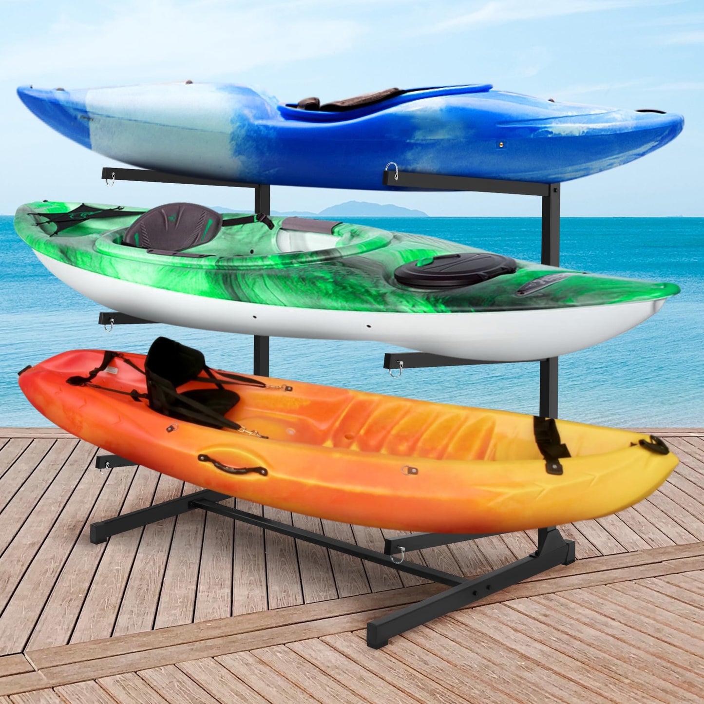 JY PERFORMANCE Kayak Storage Rack, Freestanding Kayak Rack for Outdoor Storage, Heavy Duty 3-Tier Kayak Rack for Kayaks, Canoe, SUPs, Paddleboard, Indoor Outdoor Garage Dock Shed
