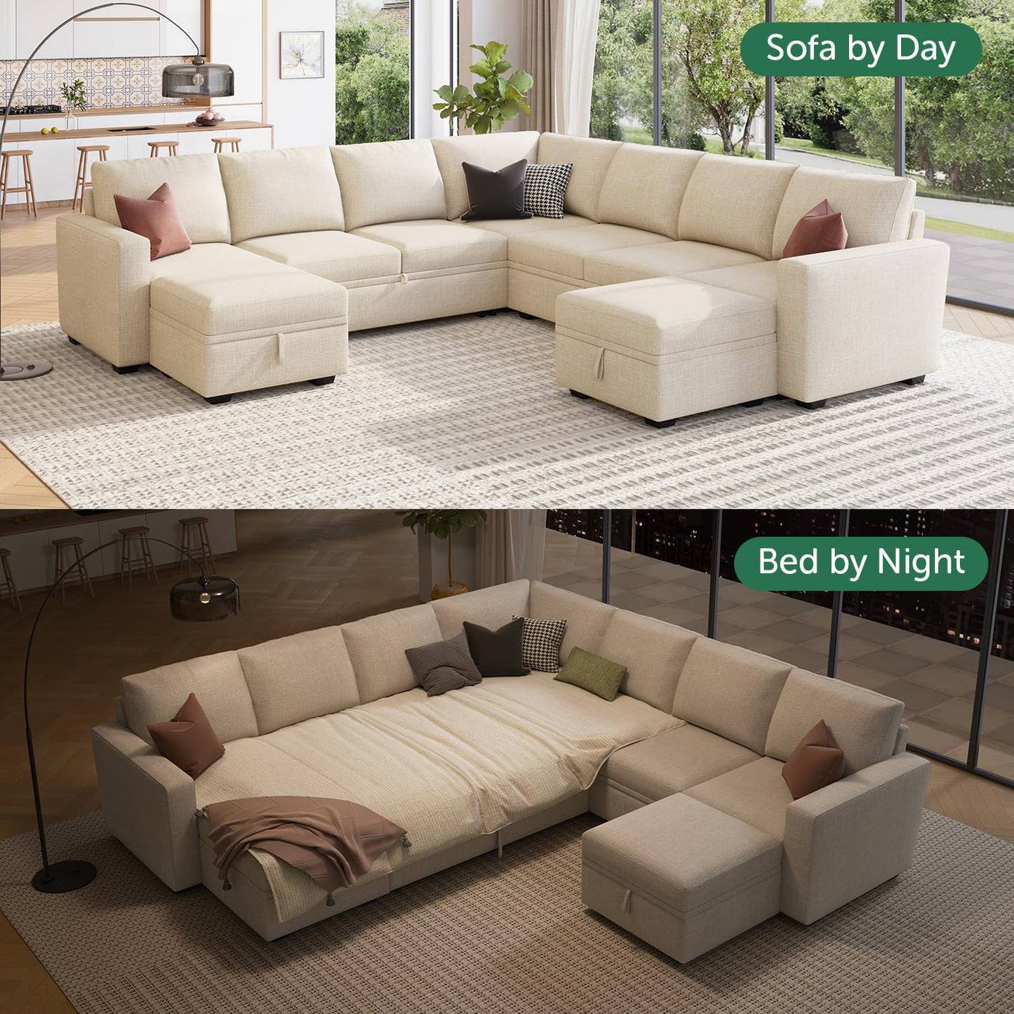 HONBAY Modular Sectional Sleeper Sofa with Pull Out Couch, Oversized U Shaped Sleeper Pull Out Bed with Storage Sectional Couches for Living Room - Beige