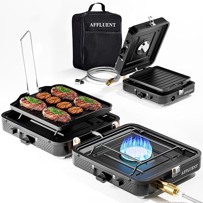 AFFLUENT 2 Burner Propane Camping Stove with Grill and Storage Bag- A Must - Have Camp Stove Propane! Foldable, Featuring ...