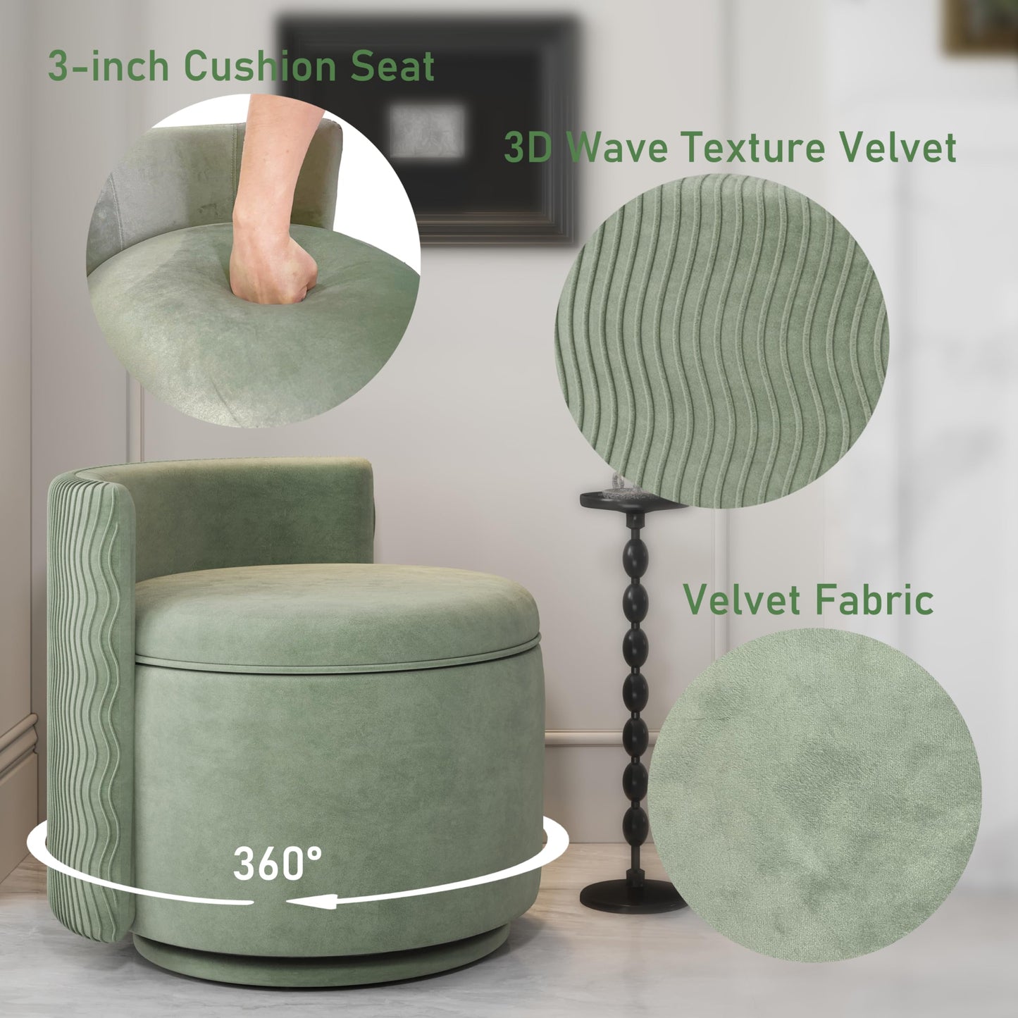 allamazing 360° Swivel Accent Chair with Storage, Vanity Stool with Back, Velvet Storage Ottoman, Upholstered Round Barrel Vanity Chair for Living Room, Makeup Room, Bedroom (Green)