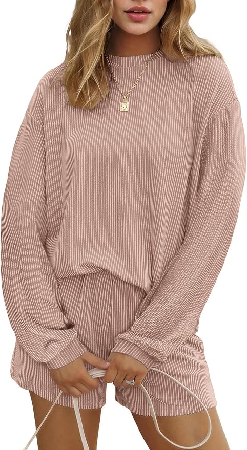 Ekouaer 2 Pieces Lounge Set for Women Long Sleeve Pajamas Top and Shorts Matching Sets Outfits with Pockets