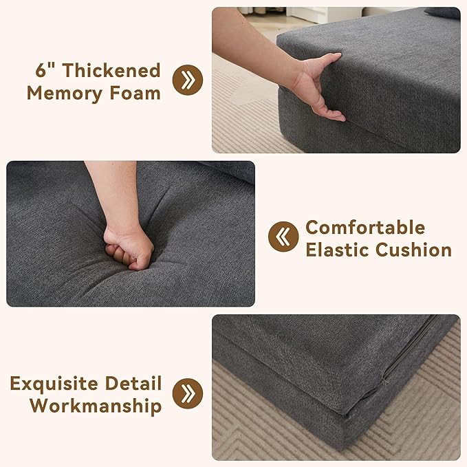 WUTUTUEE Folding Sofa Bed Convertible Floor Couch Foldable Chair Bed with Pillow，Linen Sleeper Chair Futon,Foldable Memory Foam Mattress for Bedroom/Living Room/Dorm/Office (Dark Grey, Queen)