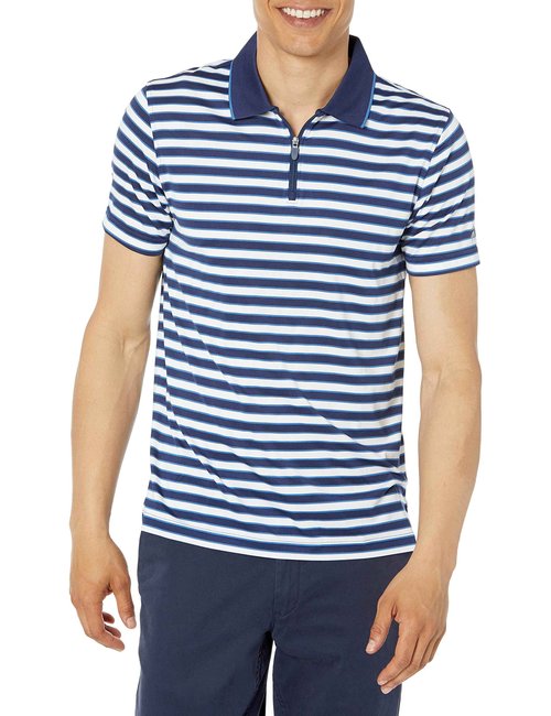 Brooks Brothers Men's Performance Stretch Short Sleeve Zip Polo Shirt, Navy/White Stripe, Medium
