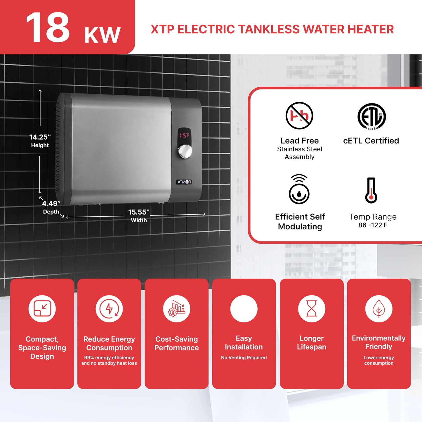 Atmor PRO XTP Series 18kW 3.8 GPM Self-Modulating Electric Tankless Water Heater, Whole-Home Instant Hot Water, Digital Control, Over-Temperature Protection