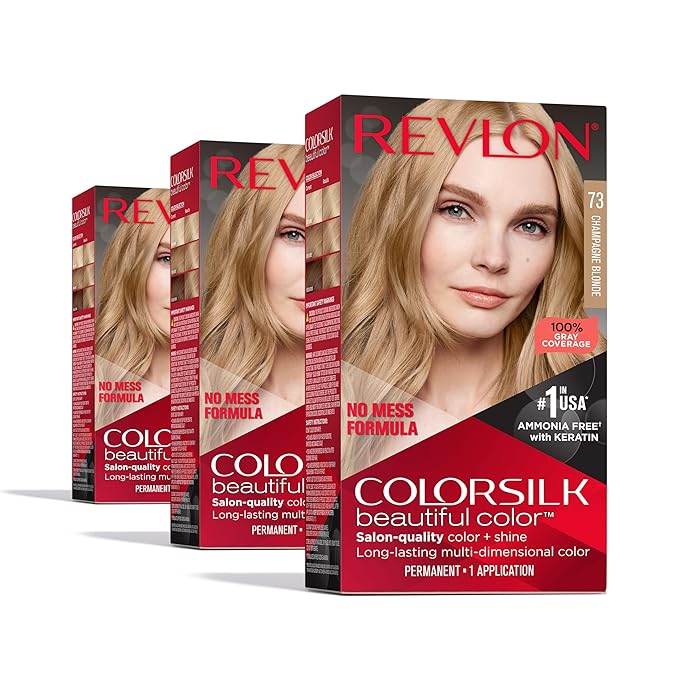 Revlon ColorSilk Permanent Hair Color, 100% Gray Coverage Dye Kit, Ammonia-Free, Keratin and Amino Acids, Blonde Shades, 73 Champagne Blonde (Pack of 3)