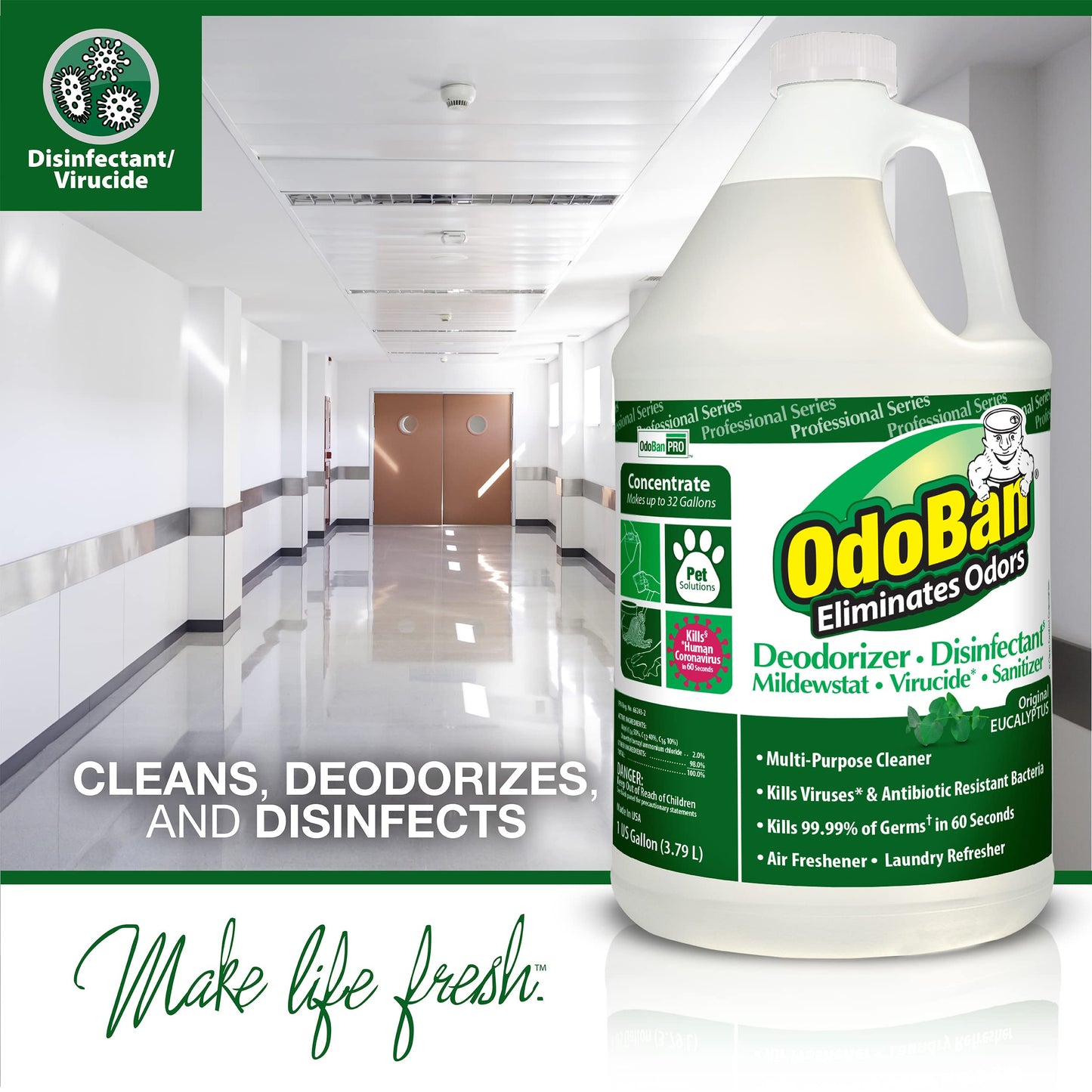 OdoBan Professional Disinfectant and Odor Eliminator Concentrate, Made in the USA, Original Eucalyptus Scent, 1 Gallon