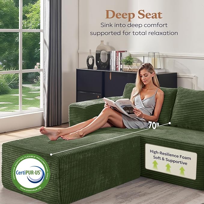 Furnify 136" Modular Sectional Sofa with L-Shape Chaise, Right/Left Facing Deep Seat Cloud Couch, No Assembly Required, Upholstered Couch for Living Room Bedroom (Green, Plush Corduroy Fabric)
