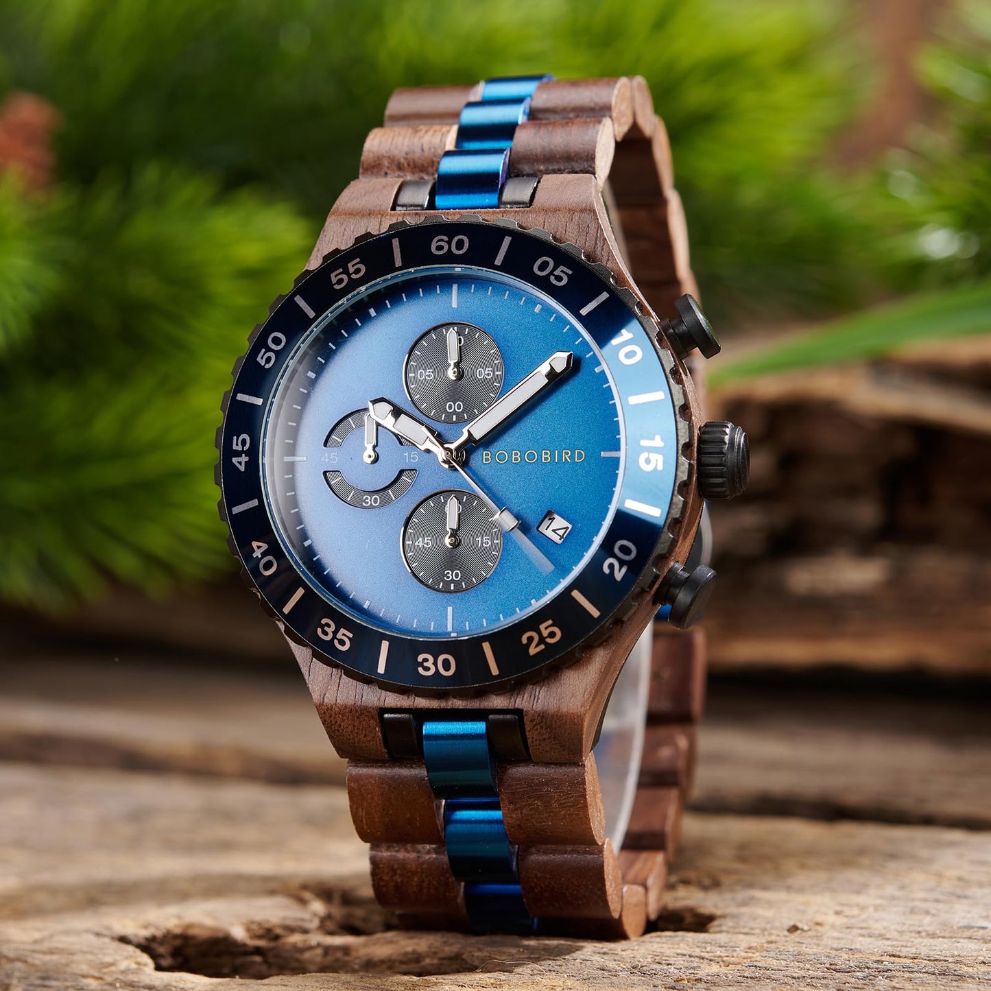 2win Engraved Wooden Watches for Men Blue Date Chronograph Military Luxury Personalized Customized Wrist Watches Anniversary Watch Gift for Husband My Man Boyfriend (A-for-Husband)