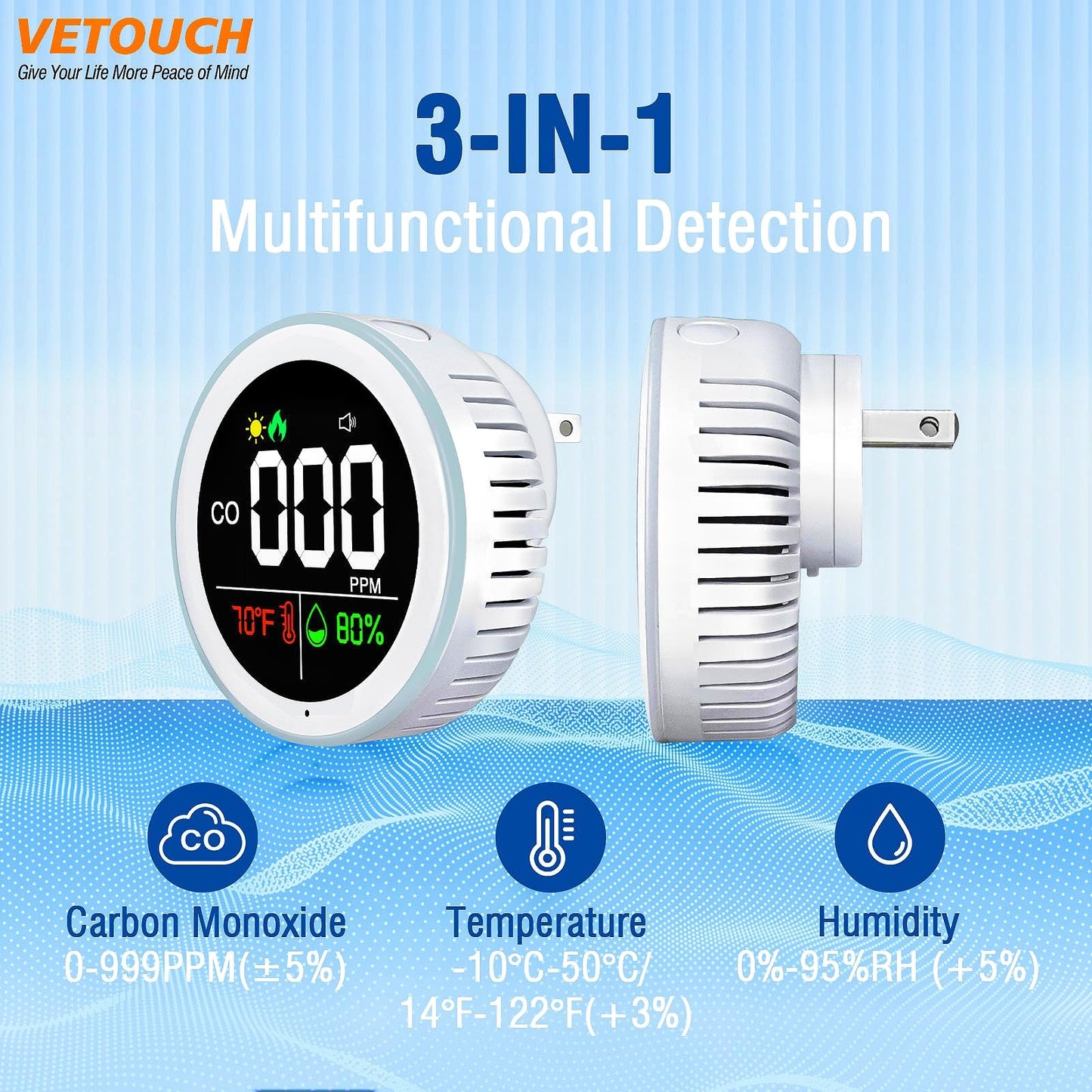 VETOUCH High-Precision CO Detector Ultra-Fast Response Durable & Stable 24/7 Monitoring with Instant Alarm Stable Performance CO Alarm Ultra-Fast Sensing Durable Metal Housing