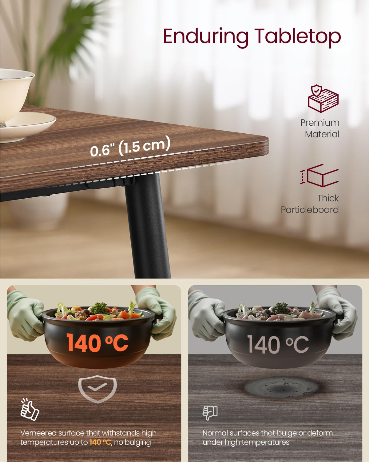 VASAGLE Dining Table, Dining Room Table for 4-6 People, Modern Farmhouse, for Kitchen, Quick Assembly, Heat-Resistant Surface, 29.5 x 55.1 x 29.5 Inches, Natural Walnut and Ink Black UKDT100K02V1