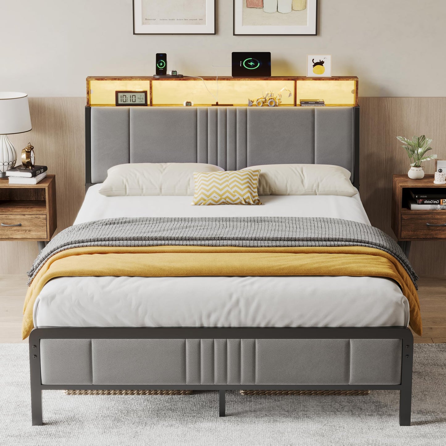 BedsPick Twin Bed Frame with Headboard, Metal Platform Bed Twin Size with 2-Tier Storage and Ergonomic Velvet Headboard, Charging Station, Smart LED Lights, Easy Assembly, No Box Spring Needed