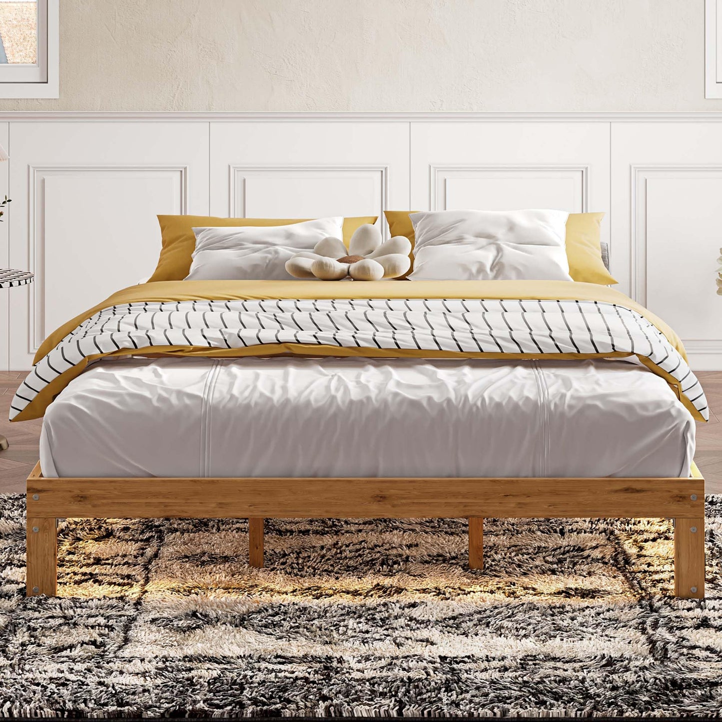 Suheww Wood Platform Bed Frame Queen Size, 12 Inch Bed Frame with Led Lights Mattress Foundation with Charging Station, Heavy Duty Wooden Slat Support, No Headboard, No Box Spring Needed