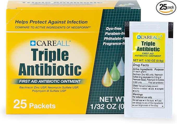 CareAll Triple Antibiotic Ointment (25 Pack), 0.9gr Foil Packet. First Aid Ointment That Prevents Infection in Minor Scrap...