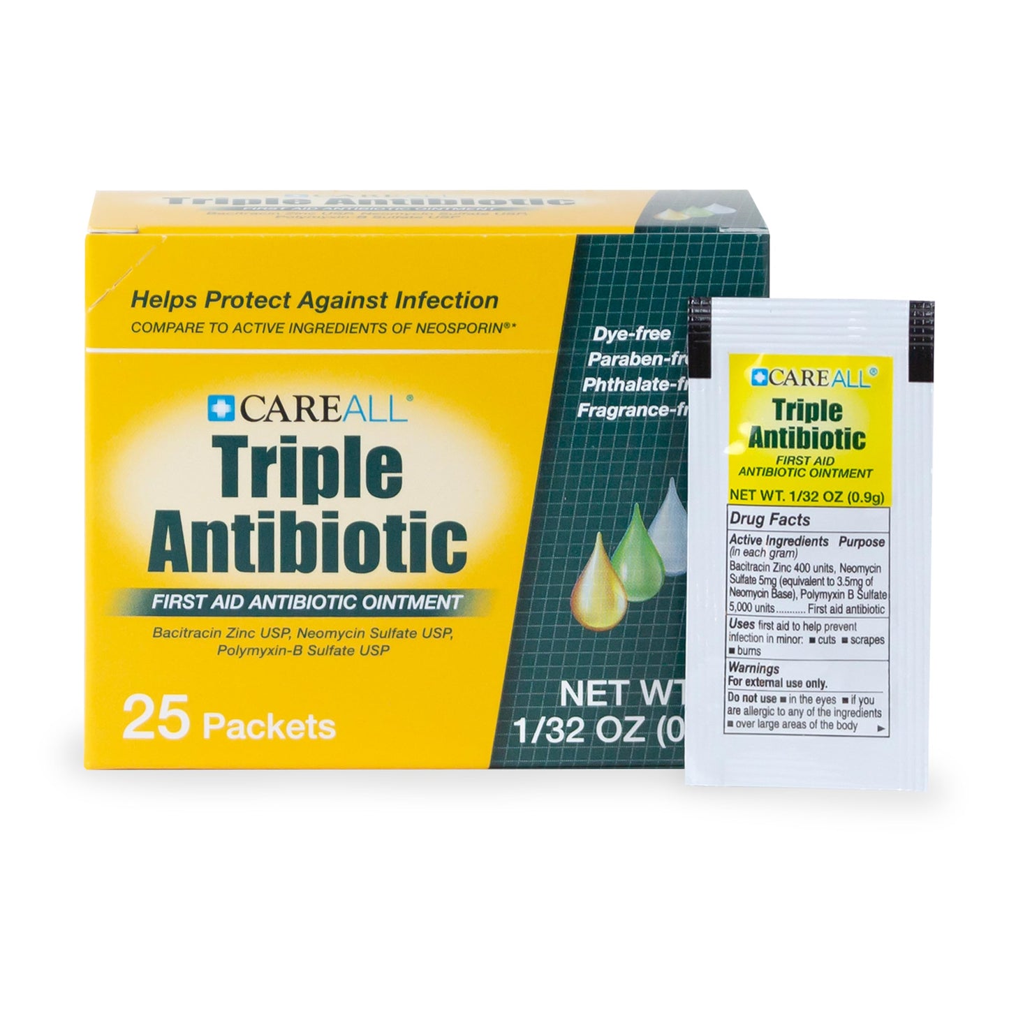 CareAll Triple Antibiotic Ointment (25 Pack), 0.9gr Foil Packet. First Aid Ointment That Prevents Infection in Minor Scrapes, Cuts, and Burns